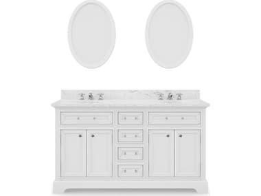 Water Creation Derby Double Sink Carrara White Marble Countertop Bath Vanity In Pure White with Chrome Classic Faucets and Oval Mirrors (S) WTCDE60CW01PWO21BX0901