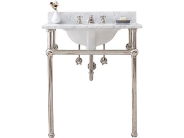 Water Creation Embassy Single Wash Stand, P-Trap, Carrara White Marble Countertop with Oval Basin, and Classic Faucet in Polished Nickel (PVD) Finish WTCEB30D0509