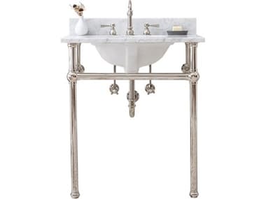 Water Creation Embassy Single Wash Stand, P-Trap, Carrara White Marble Countertop with Oval Basin, and Hook Faucet in Polished Nickel (PVD) Finish WTCEB30D0512