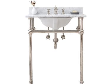 Water Creation Embassy Single Wash Stand, P-Trap, Carrara White Marble Countertop with Oval Basin, and Waterfall Faucet in Polished Nickel (PVD) Finish WTCEB30D0513