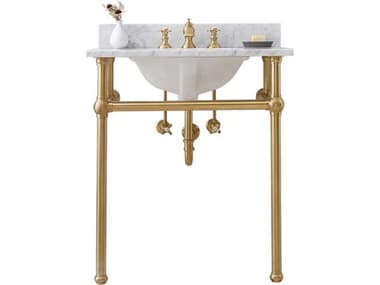 Water Creation Embassy Single Wash Stand, P-Trap, Carrara White Marble Countertop with Oval Basin, and Waterfall Faucet in Satin Gold Finish WTCEB30D0613