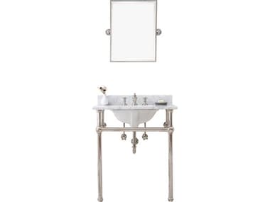 Water Creation Embassy Single Wash Stand, P-Trap, Carrara White Marble Countertop with Oval Basin, Waterfall Faucet and Rectangular Mirror in Polished Nickel Finish WTCEB30E0513