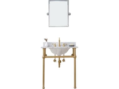 Water Creation Embassy Single Wash Stand, P-Trap, Carrara White Marble Countertop with Oval Basin, Hook Faucet and Rectangular Mirror in Satin Gold Finish WTCEB30E0612