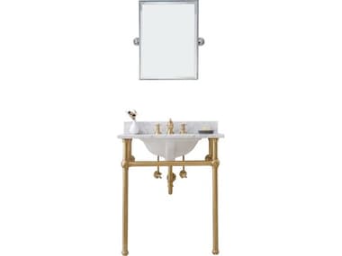 Water Creation Embassy Single Wash Stand, P-Trap, Carrara White Marble Countertop with Oval Basin, Waterfall Faucet and Rectangular Mirror in Satin Gold Finish WTCEB30E0613