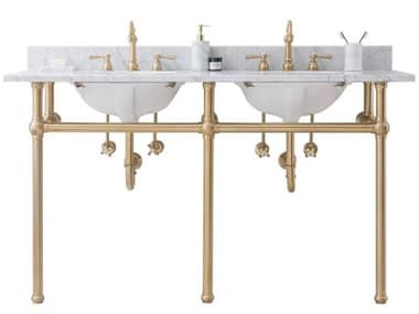 Water Creation Embassy Double Wash Stand, P-Trap, and Carrara White Marble Countertop with Oval Basins in Satin Gold Finish WTCEB60C0600