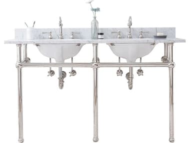 Water Creation Embassy Double Wash Stand, P-Trap, Carrara White Marble Countertop with Oval Basins, and Hook Faucets in Polished Nickel Finish WTCEB60D0512