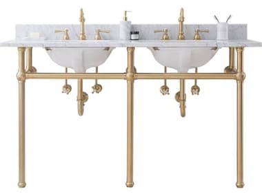 Water Creation Embassy Double Wash Stand, P-Trap, Carrara White Marble Countertop with Oval Basins, and Hook Faucets in Satin Gold Finish WTCEB60D0612