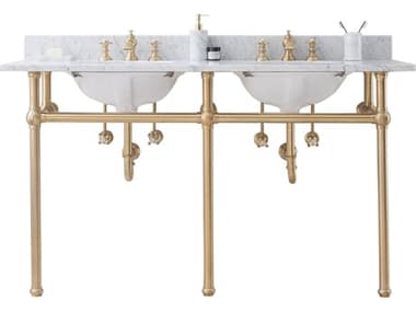 Water Creation Embassy Double Wash Stand, P-Trap, Carrara White Marble Countertop with Oval Basins, and Waterfall Faucets in Satin Gold Finish WTCEB60D0613