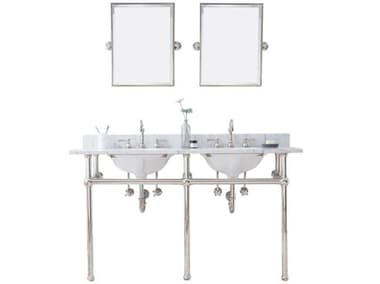 Water Creation Embassy Double Wash Stand, P-Trap, Carrara White Marble Countertop with Oval Basins, Hook Faucets and Rectangular Pivot Mirrors in Polished Nickel (PVD) Finish WTCEB60E0512