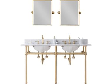 Water Creation Embassy Double Wash Stand, P-Trap, Carrara White Marble Countertop with Oval Basins, Hook Faucets and Rectangular Mirrors in Satin Gold Finish WTCEB60E0612