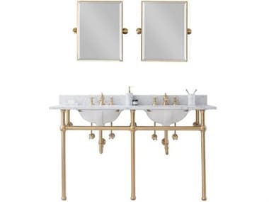 Water Creation Embassy Double Wash Stand, P-Trap, Carrara White Marble Countertop with Oval Basins, Waterfall Faucets and Rectangular Pivot Mirrors in Satin Gold Finish WTCEB60E0613