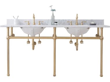 Water Creation Embassy Double Wash Stand, P-Trap, and Carrara White Marble Countertop with Oval Basins in Satin Gold Finish WTCEB72C0600