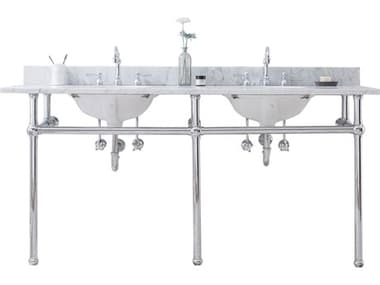 Water Creation Embassy Double Wash Stand, P-Trap, Carrara White Marble Countertop with Oval Basins, and Hook Faucets in Chrome Finish WTCEB72D0112