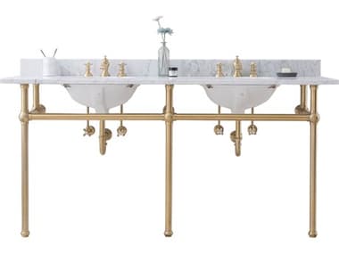 Water Creation Embassy Double Wash Stand, P-Trap, Carrara White Marble Countertop with Oval Basins, and Waterfall Faucets in Satin Gold Finish WTCEB72D0613