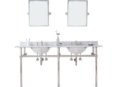 Water Creation Embassy Double Wash Stand, P-Trap, Carrara White Marble Countertop with Oval Basins, Waterfall Faucets and Rectangular Pivot Mirrors in Polished Nickel (PVD) Finish WTCEB72E0513