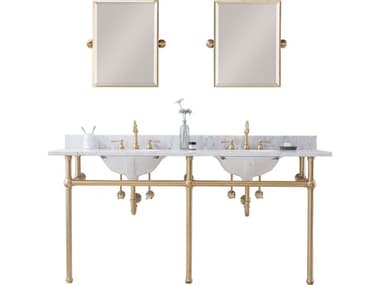 Water Creation Embassy  Double Wash Stand, P-Trap, Carrara White Marble Countertop with Oval Basins, Hook Faucets and Rectangular Pivot Mirrors in Satin Gold Finish WTCEB72E0612