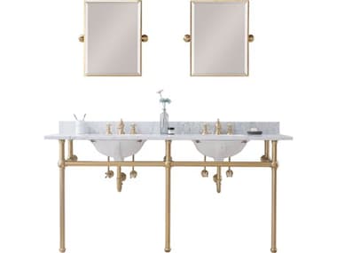 Water Creation Embassy Double Wash Stand, P-Trap, Carrara White Marble Countertop with Oval Basins, Waterfall Faucets and Rectangular Pivot Mirrors in Satin Gold Finish WTCEB72E0613
