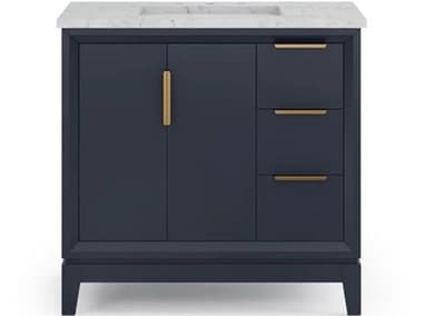 Water Creation Elizabeth  Single Sink Carrara White Marble Countertop Bath Vanity In Monarch Blue With Satin Gold Hardware and Hook Faucet WTCEL36CW06MB000TL1206