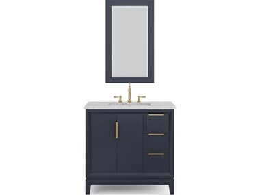 Water Creation Elizabeth Single Sink Carrara White Marble Countertop Bath Vanity In Monarch Blue With Satin Gold Hardware, Hook Faucet and Rectangular Mirror (S) WTCEL36CW06MBR21TL1206