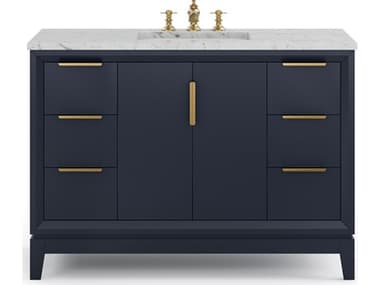 Water Creation Elizabeth Single Sink Carrara White Marble Countertop Bath Vanity In Monarch Blue With Satin Gold Hardware and Waterfall Faucet WTCEL48CW06MB000FX1306
