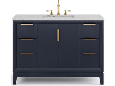Water Creation Elizabeth Single Sink Carrara White Marble Countertop Bath Vanity In Monarch Blue With Satin Gold Hardware and Hook Faucet WTCEL48CW06MB000TL1206