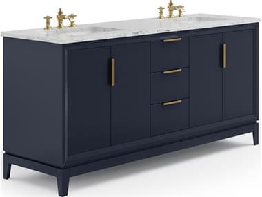 Water Creation Elizabeth Double Sink Carrara White Marble Countertop Bath Vanity In Monarch Blue With Satin Gold Hardware and Waterfall Faucet WTCEL72CW06MB000FX1306