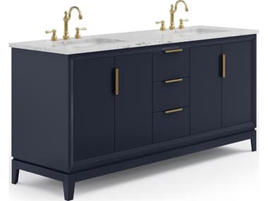 Water Creation Elizabeth Double Sink Carrara White Marble Countertop Bath Vanity In Monarch Blue With Satin Gold Hardware and Hook Faucet WTCEL72CW06MB000TL1206