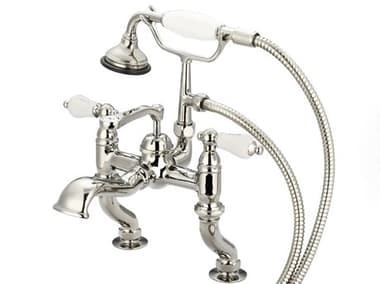 Water Creation Cara 3-Handle Vintage Claw Foot Tub Faucet with Labeled Porcelain Lever Handles and Hand Shower in Polished Nickel (PVD) WTCF6000405CL