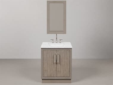 Water Creation Hugo Single Sink Carrara White Marble Countertop Bath Vanity in Grey Oak with Chrome Hardware, Gooseneck Faucet and Rectangular Mirror (S) WTCHU30CW01GKR21BL1401