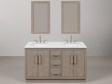 Water Creation Hugo Double Sink Carrara White Marble Countertop Bath Vanity in Grey Oak with Chrome Hardware, Gooseneck Faucets and Rectangular Mirrors (S) WTCHU60CW01GKR21BL1401