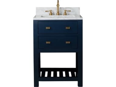 Water Creation Madalyn Single Sink Carrara White Marble Countertop Bath Vanity in Monarch Blue with Satin Gold Hook Faucet WTCMA24CW06MB000TL1206