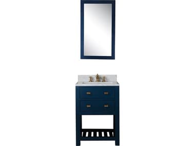 Water Creation Madalyn Single Sink Carrara White Marble Countertop Bath Vanity in Monarch Blue with Satin Gold Waterfall Faucet and Rectangular Mirror (S) WTCMA24CW06MBR21FX1306