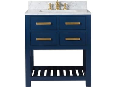 Water Creation Madalyn Single Sink Carrara White Marble Countertop Bath Vanity in Monarch Blue with Satin Gold Waterfall Faucet WTCMA30CW06MB000FX1306