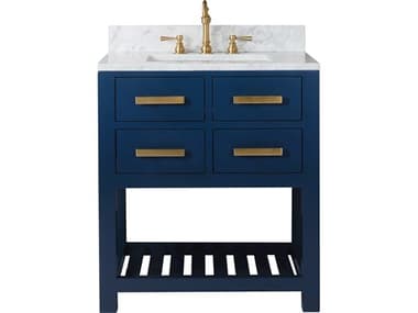 Water Creation Madalyn Single Sink Carrara White Marble Countertop Bath Vanity in Monarch Blue with Satin Gold Hook Faucet WTCMA30CW06MB000TL1206