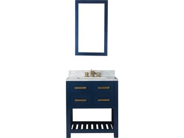 Water Creation Madalyn Single Sink Carrara White Marble Countertop Bath Vanity in Monarch Blue with Satin Gold Waterfall Faucet and Rectangular Mirror (S) WTCMA30CW06MBR21FX1306