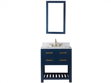 Water Creation Madalyn Single Sink Carrara White Marble Countertop Bath Vanity in Monarch Blue with Satin Gold Hook Faucet and Rectangular Mirror (S) WTCMA30CW06MBR21TL1206