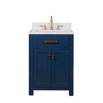 Water Creation Madison Single Sink Carrara White Marble Countertop Bath Vanity In Monarch Blue with Satin Gold Hardware and Waterfall Faucet WTCMS24CW06MB000FX1306
