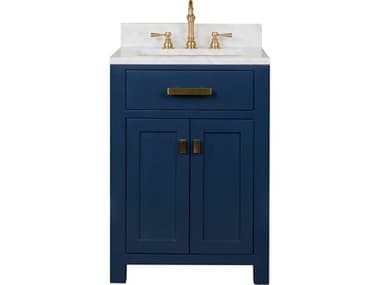 Water Creation Madison Single Sink Carrara White Marble Countertop Bath Vanity In Monarch Blue with Satin Gold Hardware and Hook Faucet
 WTCMS24CW06MB000TL1206