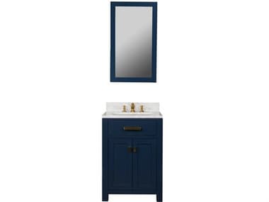 Water Creation Madison Single Sink Carrara White Marble Countertop Bath Vanity In Monarch Blue with Satin Gold Hardware, Waterfall Faucet and Rectangular Mirror (S) WTCMS24CW06MBR21FX1306