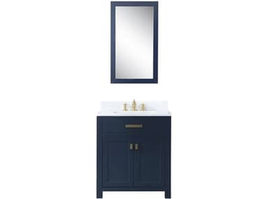 Water Creation Madison Single Sink Carrara White Marble Countertop Bath Vanity In Monarch Blue with Satin Gold Hardware, Waterfall Faucet and Rectangular Mirror (S) WTCMS30CW06MBR21FX1306