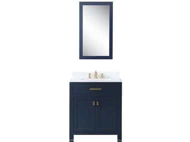 Water Creation Madison  Single Sink Carrara White Marble Countertop Bath Vanity In Monarch Blue with Satin Gold Hardware, Hook Faucet and Rectangular Mirror (S) WTCMS30CW06MBR21TL1206