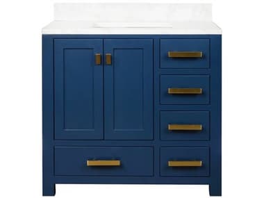 Water Creation Madison Single Sink Carrara White Marble Countertop Bath Vanity In Monarch Blue with Satin Gold Hardware WTCMS36CW06MB000000000