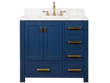 Water Creation Madison Single Sink Carrara White Marble Countertop Bath Vanity In Monarch Blue with Satin Gold Hardware and Hook Faucet WTCMS36CW06MB000TL1206