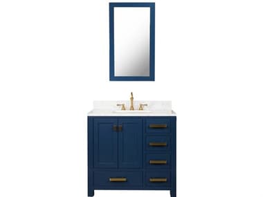 Water Creation Madison Single Sink Carrara White Marble Countertop Bath Vanity In Monarch Blue with Satin Gold Hardware, Hook Faucet and Rectangular Mirror (S) WTCMS36CW06MBR21TL1206
