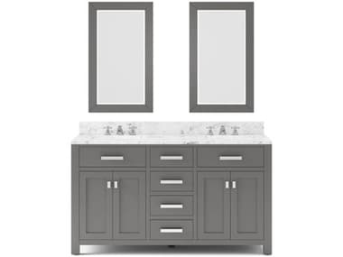 Water Creation Madison Double Sink Carrara White Marble Countertop Bath Vanity in Cashmere Grey with Chrome Hardware, Classic Faucets and Rectangular Mirror (L) WTCMS60CW01CGR60BX0901