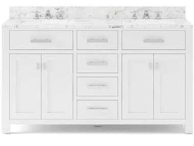 Water Creation Madison Double Sink Carrara White Marble Countertop Bath Vanity in Pure White with Chrome Hardware and Classic Faucets WTCMS60CW01PW000BX0901