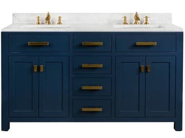 Water Creation Madison Double Sink Carrara White Marble Countertop Bath Vanity In Monarch Blue with Satin Gold Hardware and Waterfall Faucets WTCMS60CW06MB000FX1306