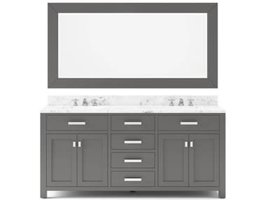 Water Creation Madison Double Sink Carrara White Marble Countertop Bath Vanity in Cashmere Grey with Chrome Hardware, Classic Faucets and Rectangular Mirror (L) WTCMS72CW01CGR72BX0901