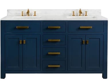 Water Creation Madison Double Sink Carrara White Marble Countertop Bath Vanity In Monarch Blue with Satin Gold Hardware and Waterfall Faucets WTCMS72CW06MB000FX1306