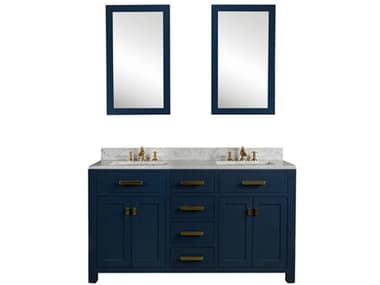 Water Creation Madison Double Sink Carrara White Marble Countertop Bath Vanity In Monarch Blue with Satin Gold Hardware, Waterfall Faucets and Rectangular Mirrors (S) WTCMS72CW06MBR21FX1306
